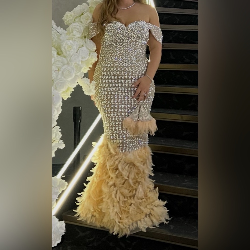Sparkling Gold Sequin Mermaid Gown with Feather Hem